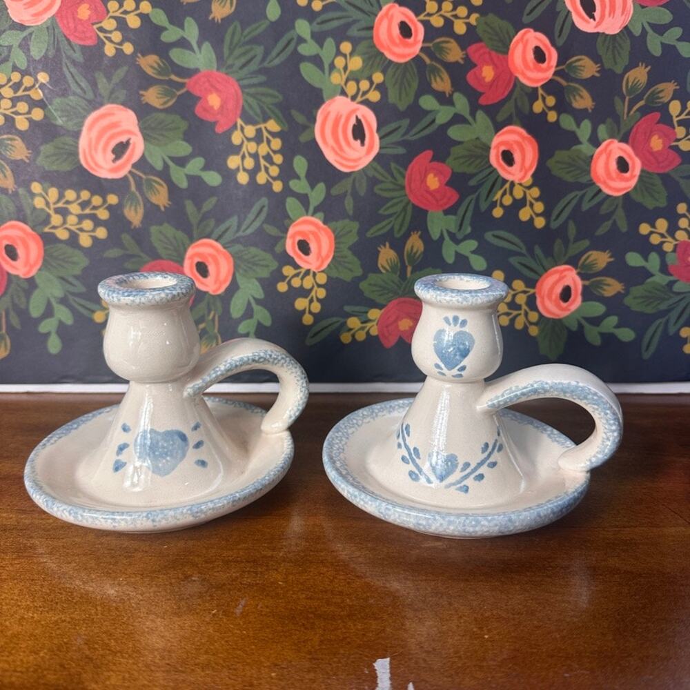 Vintage Hermitage Pottery Spongeware Cottage Heart Candle Holders – Set of 2